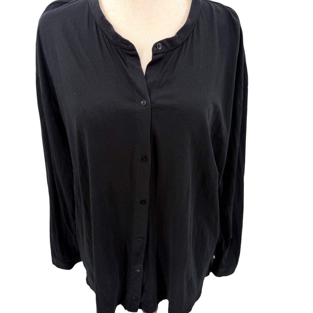 Eileen Fisher Black Organic Cotton Button Down Tunic Band‎ Collar Top 3X